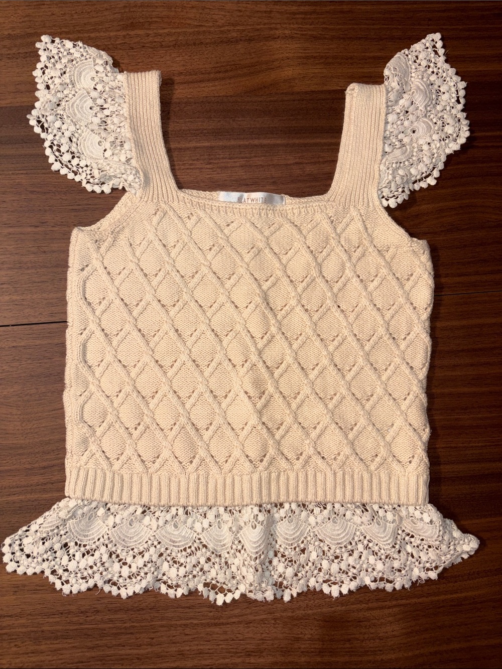 Cable Knit Lace-Trim Tank Top in Cream